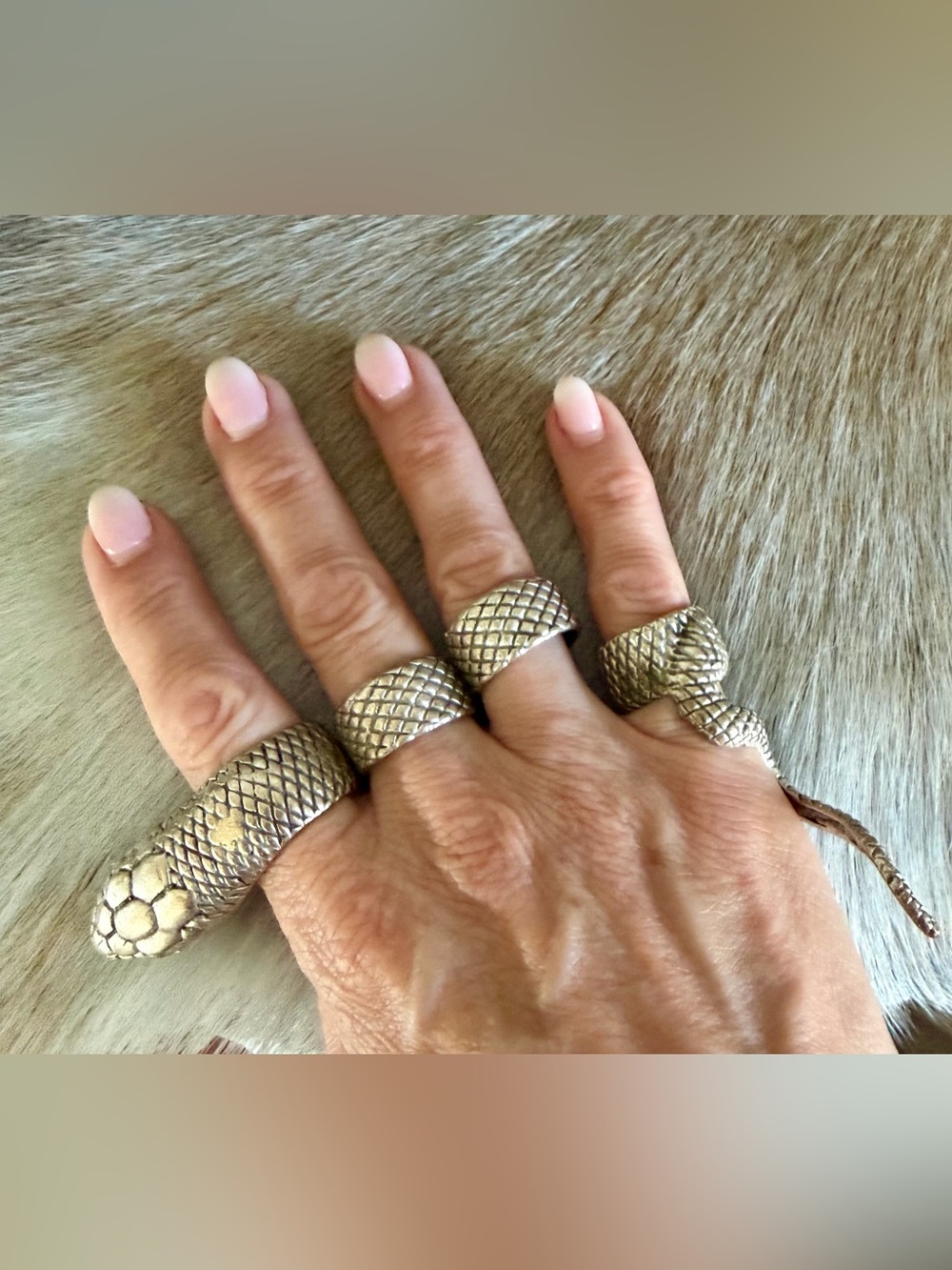 Textured Silver Tone Snake Statement Rings Set - 4 Pieces